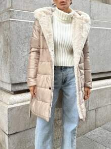 RueChic Damski beżowy zimowy płaszcz z futrzanym detalem z królika, codzienne ubrania