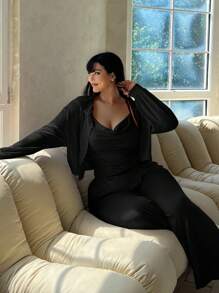 Flirla Plus Size Solid Color Casual Pleated Camisole And Jacket With Pants 3-Piece Set, Autumn - Black - View 5