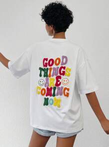 RueChic Drop Shoulder T-Shirt mit Buchstaben Grafik,