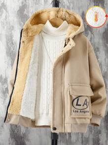 1件装青少年男童休闲实用口袋保暖连帽夹克，保暖冬季外套，通勤日常穿着 - 卡其色 - 查看 4