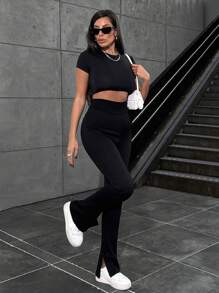 EURMUSE Flare Leg Size Reducer Waist Leggings - Black - View 5