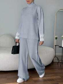EURMUSE Women Solid Color High Neck Sleeve Detailed Sweater & Sweater Pants Set - Baby Blue - View 5