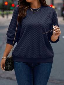 Calvaya Plus Size Casual Solid Color Textured Raglan Sleeve Sweatshirt, Autumn Pullover Fall Outfit Winter - Navy Blue - View 3