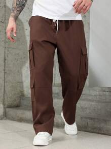 Manfinity Homme 男式大码休闲纯色直筒工装裤 - 酒紅色 - 查看 1