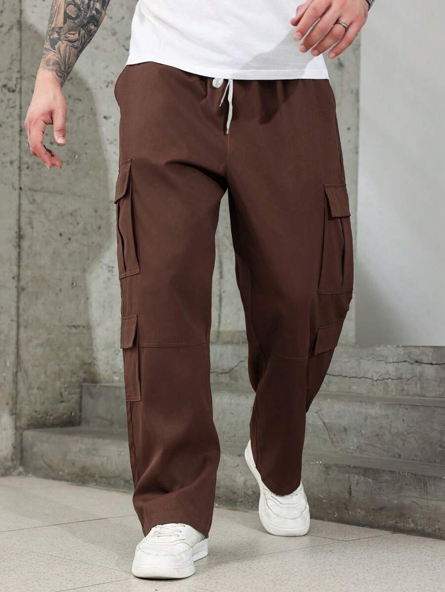 Manfinity Homme 男式大码休闲纯色直筒工装裤 - 酒紅色 - 查看 1