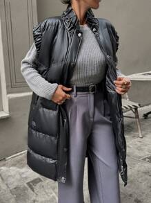 EURMUSE Ruffle Trim PU Leather Zip Up Puffer Vest Coat - Black - View 3