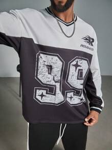Manfinity LEGND Chemise jersey décontractée pour hommes grande taille, imprimé coloré avec numéro, ample avec épaules tombantes, look casual sportswear, pour l'automne - Noir et Blanc - Voir 3