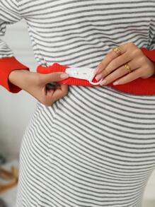 SHEIN Maternity Colorblock Round Neck Striped Dropped Shoulder Long Sleeve Casual Loose Sweater For Autumn/Winter