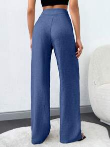 SHEIN Tall 高个子女士纯色斜口袋直腿裤 - 藍色 - 查看 2