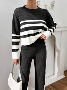 EURMUSE Women Rib Knit Stripe Pattern Round Neck Drop Shoulder Pullover & Sweater Pants Set - Black and White - View 6