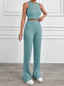 SHEIN Cottnline Solid Ribbed Knit Tank Top & Pants Two Pcs Set - Mint Green - View 3