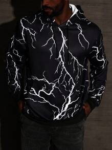Manfinity LEGND Men's Plus Size Casual Lightning Print Hooded Sweatshirt, Spring & Autumn