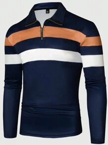 Manfinity Homme Plus Size Heren Casual Gestreept Colorblock Half-Zip Lange Mouw Poloshirt, Uitgaan