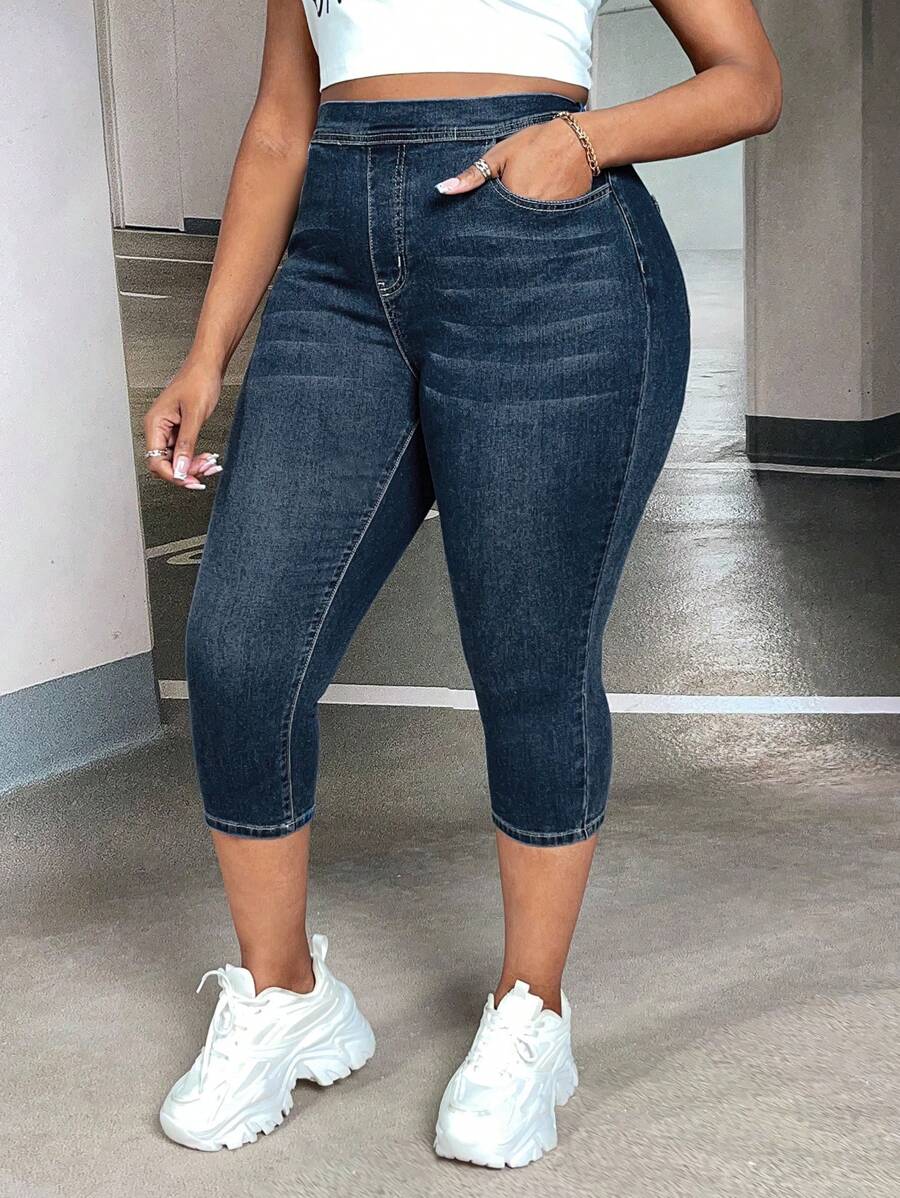 SHEIN SXY 大码女式休闲口袋简约设计牛仔裤 - 深色水洗藍 - 查看 1