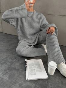 EURMUSE Loose Knitted Sweater Two Piece Set For Women, Including A Sweater And Long Pants - Grey - View 6