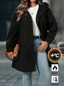 EMERY ROSE Plus Size Women's Solid Color Long Sleeve Casual Cinched Waist Hooded Coat, Fall/Winter - Black - View 1