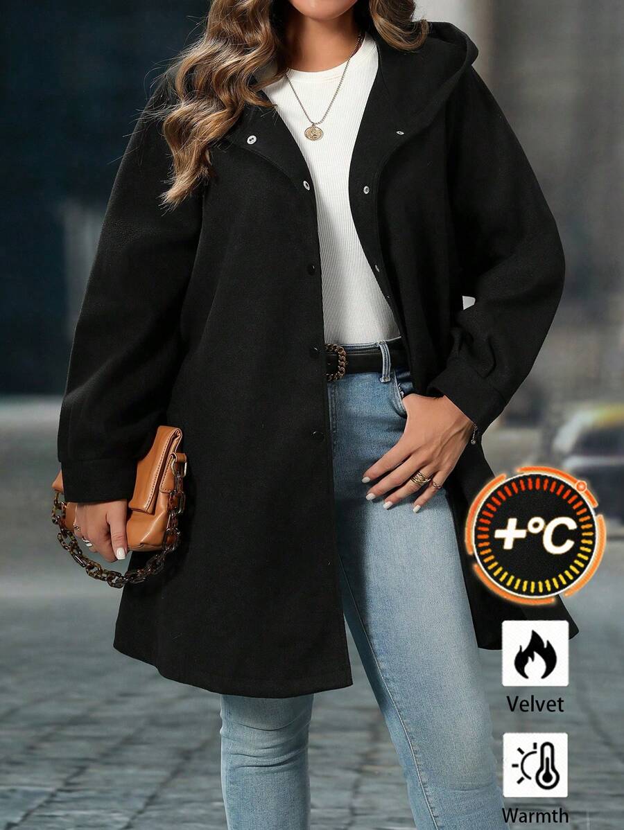 EMERY ROSE Plus Size Women's Solid Color Long Sleeve Casual Cinched Waist Hooded Coat, Fall/Winter - Black - View 1