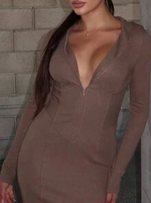 Denimoi Kleid mit Reißverschluss, Ärmel und Rippenmuster Detail - Braun - Übersicht 5