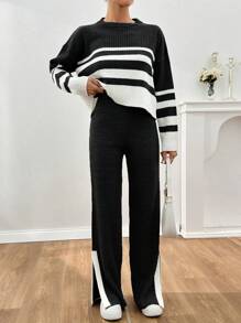 EURMUSE Women Rib Knit Stripe Pattern Round Neck Drop Shoulder Pullover & Sweater Pants Set - Black and White - View 5