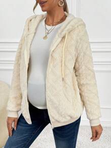 SHEIN 孕妇纯色前拉链长袖连帽衫，休闲日常穿着 - 杏色 - 查看 3