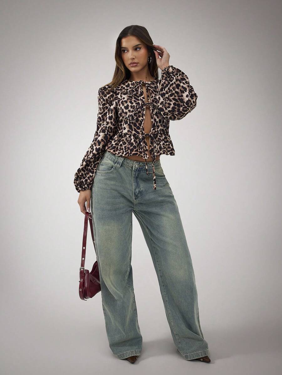 SHEIN BAE 女式前系带长袖豹纹夹克，休闲装秋季女士夹克节日服装冬季女士外套冬季女装秋季女装豹纹外套泡泡袖夹克圣诞服装冬季外套生日女装 - 彩色 - 查看 1