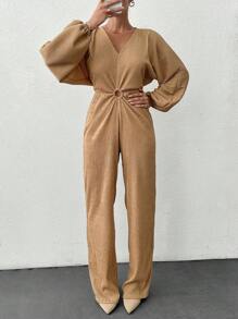 RueChic V Neck Long Sleeve Cut Out Detailed Women's Chic Jumpsuit - Beige - View 6