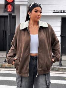 Flirla 大码扎染印花拉链休闲长袖夹克 - 棕色 - 查看 3