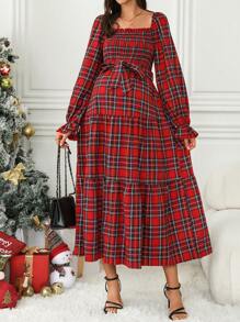 SHEIN Maternity Christmas Plaid Square Neck Flare Sleeve Shirred Bodice Ruffle Hem Dress For New Year Clothes - Red - View 5
