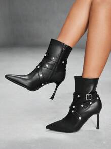 CUCCOO SZL Studded Pointed Toe High Heel Mid-Calf Boots For Women - Black - View 3