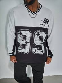 Manfinity LEGND Chemise jersey décontractée pour hommes grande taille, imprimé coloré avec numéro, ample avec épaules tombantes, look casual sportswear, pour l'automne - Noir et Blanc - Voir 5