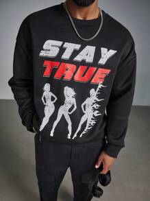Manfinity LEGND Plus Size Men's Crew Neck Long Sleeve Letter Print Casual Pullover Sweatshirt - Black - View 3