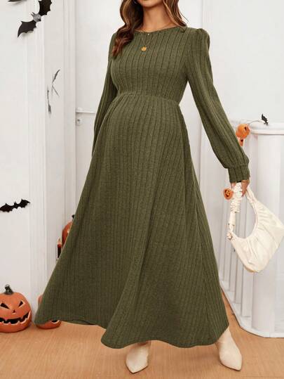 SHEIN Casual Maternity Solid Color Ribbed Lantern Sleeve Cinched Waist Dress, Spring & Autumn