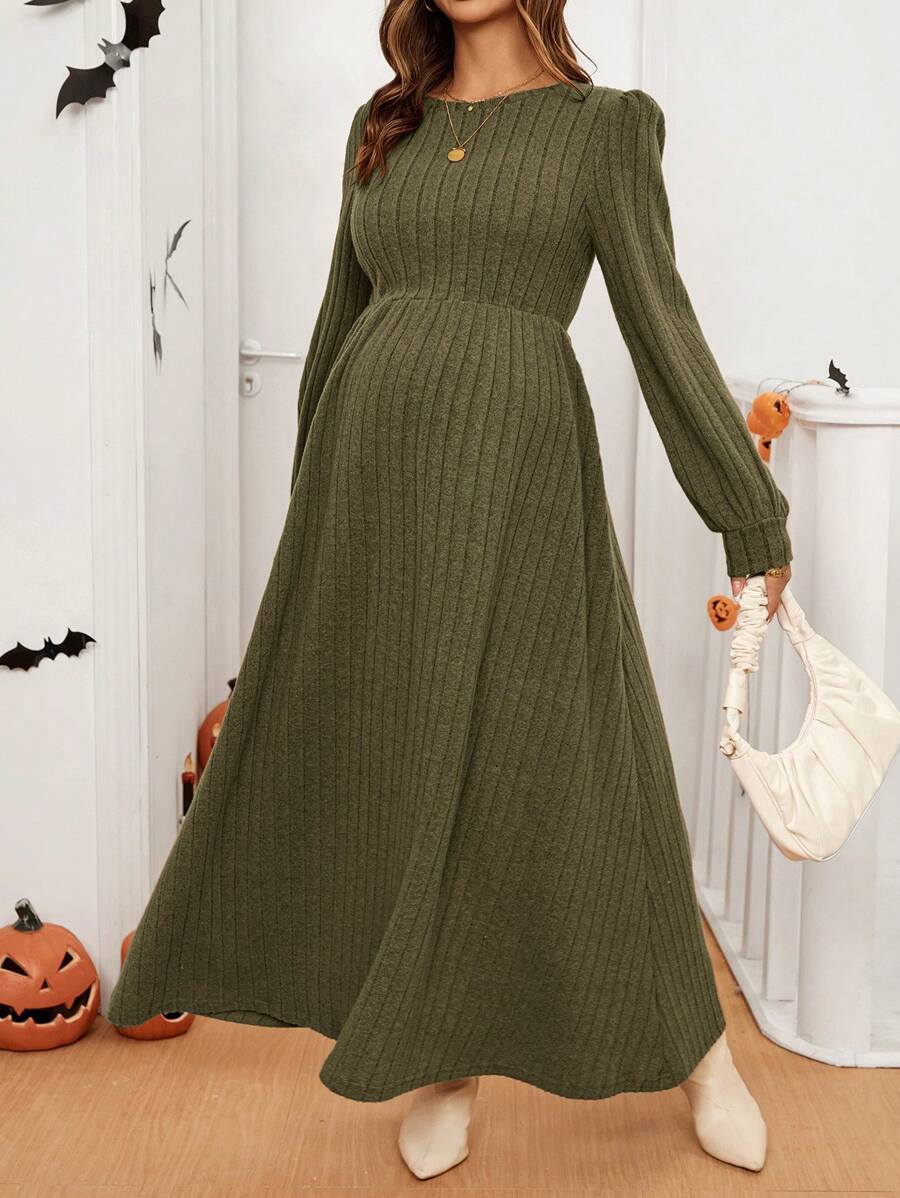 SHEIN Casual Maternity Solid Color Ribbed Lantern Sleeve Cinched Waist Dress, Spring & Autumn - Army Green - View 1