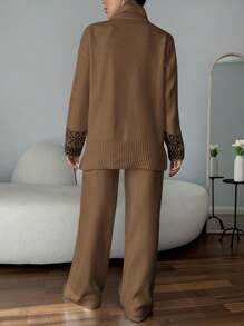 EURMUSE 女士纯色高领袖细节毛衣和毛衣裤套装 - 駝色 - 查看 2