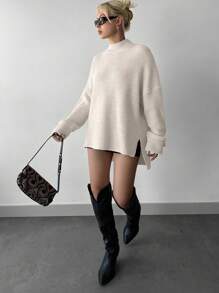 EURMUSE Mock Neck Drop Shoulder Split Hem Sweater - Beige - View 1