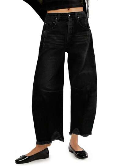 Washed Ripped Fur-Trimmed Loose Black Denim Pants Women Casual Spring And Summer Cowgirl Women's Banana Harun Pants Jeans Chic Winter Christmas New Year Thanksgiving