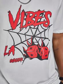 Manfinity Roughcore Plus Size Men's Casual Set - Letter Graphic Round Neck Short Sleeve Top And Pants