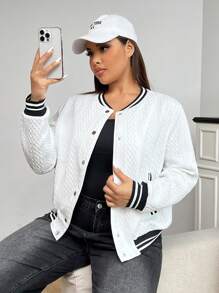 SHEIN EZwear Plus Size Women Button Front Colorblock Long Sleeve Pocket Casual Jacket