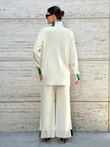 SHEIN Cottnline 撞色小高領落肩袖下擺開叉套頭毛衣和針織褲 - 米色 - 查看 2