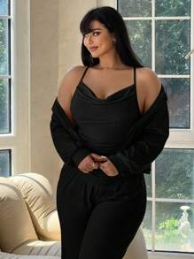 Flirla Plus Size Solid Color Casual Pleated Camisole And Jacket With Pants 3-Piece Set, Autumn - Black - View 4