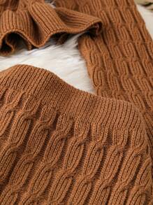 Chiquease 2 件套女士休闲优雅纹理针织上衣，带荷叶边下摆和裙子套装，秋冬 - 卡其色 - 查看 3