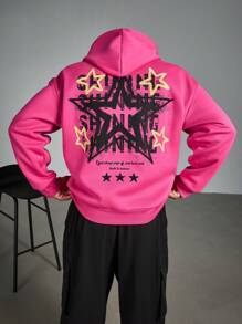 Manfinity Homme Hoodie Lengan Panjang Pria Ukuran Besar dengan Motif Pentagram dan Tali Serut, Musim Gugur - Berwarna merah muda - View 2