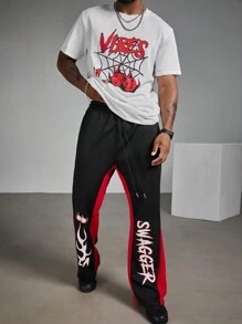 Manfinity Roughcore Plus Size Men's Casual Set - Letter Graphic Round Neck Short Sleeve Top And Pants