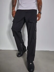 Manfinity Roughcore Plus Size Men Street Style Solid Color Flap Pocket Loose Cargo Pants, Fall - Black - View 6