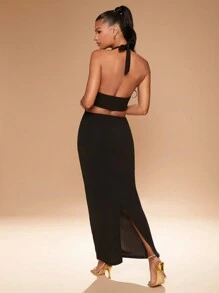 Hauture Gold Embellished Linked Halter Midi Bodycon Dress Christmas Dress - Black - View 7