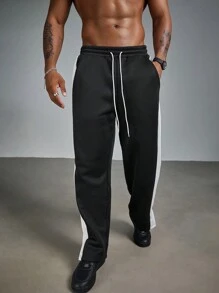 Manfinity Hypemode Plus Size Men Casual Sports Style Drawstring Waist Side Contrast Color Pocket Loose Straight Leg Sweatpants - Black and White - View 3