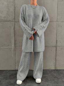 EURMUSE Loose Knitted Sweater Two Piece Set For Women, Including A Sweater And Long Pants - Grey - View 5