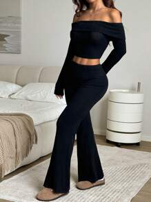 SHEIN EZwear 2 Pieces Women's Solid Off-The-Shoulder Long Sleeve Cropped Top And Flared Pants Fashion Set