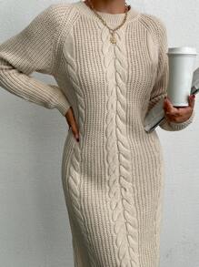 EURMUSE Women Round Neck Cable Knit Textured Midi Sweater Dress - Beige - View 1