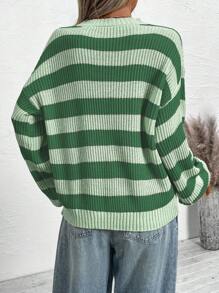 Calvaya Suéter casual de mujer talla grande con cuello redondo, hombros caídos y mangas largas a rayas, suéter de punto de otoño/invierno - Verde - Ver 2